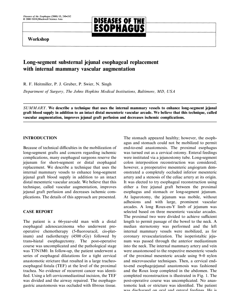 Long-segment substernal jejunal esophageal replacement with internal mammary vascular augmentation