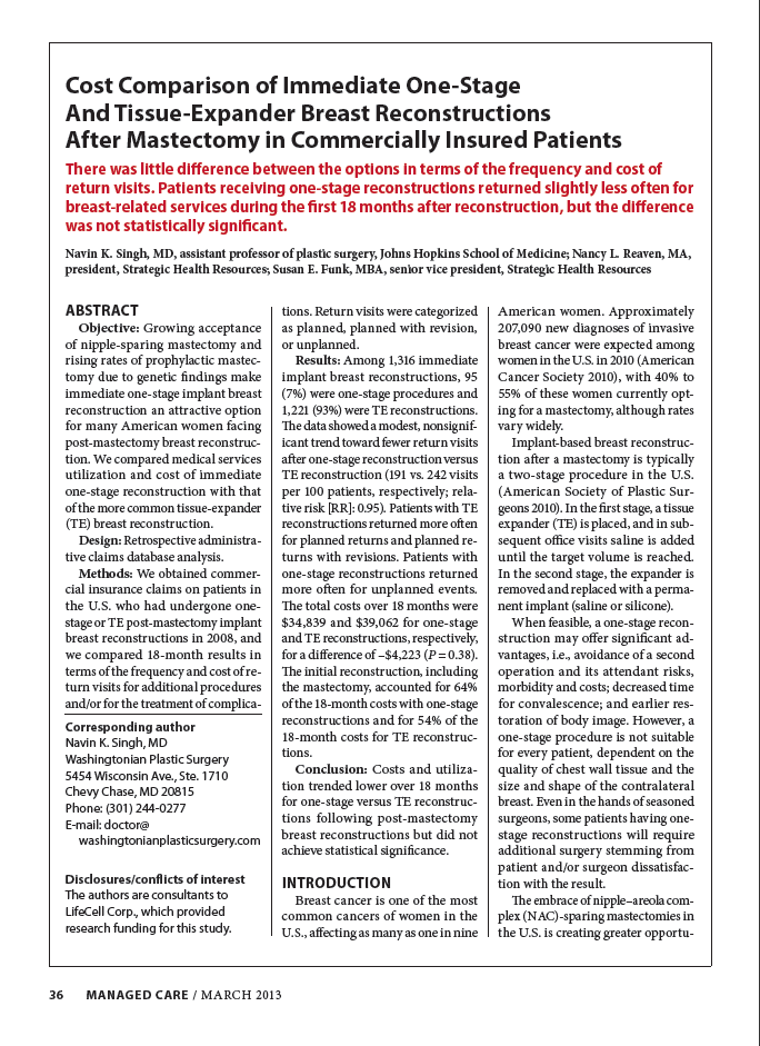 Cost Comparison of Immediate One-Stage And Tissue-Expander Breast Reconstructions After Mastectomy in Commercially Insured Patients