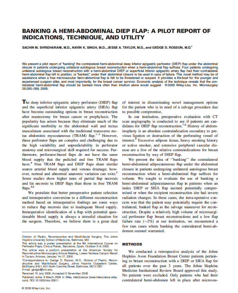 BANKING A HEMI-ABDOMINAL DIEP FLAP: A PILOT REPORT OF INDICATIONS, TECHNIQUE, AND UTILITY