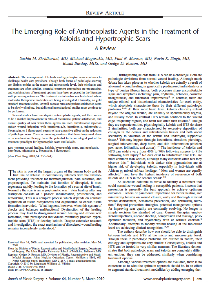 The Emerging Role of Antineoplastic Agents in the Treatment of Keloids and Hypertrophic Scars A Review