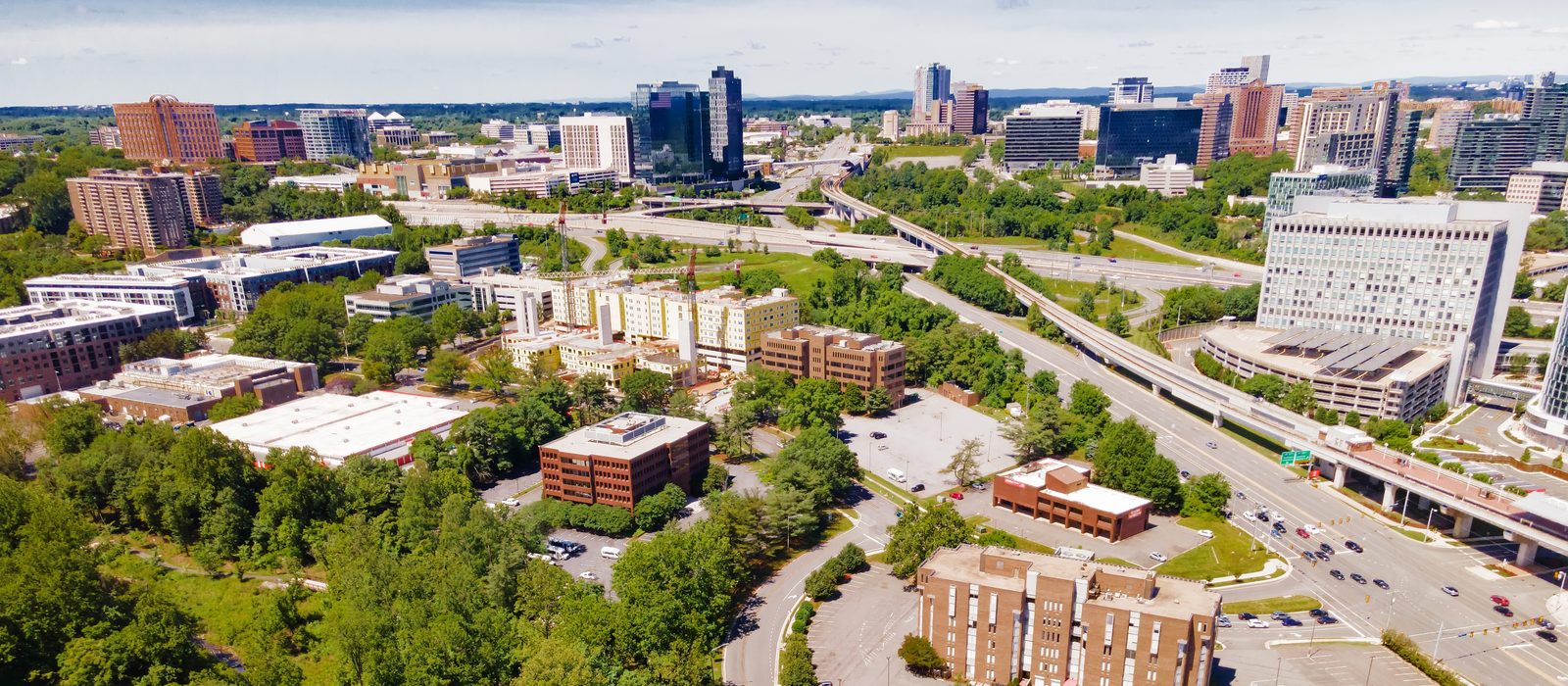 Aerial view of the Tysons and McLean, Virginia skyline near Washingtonian Plastic Surgery